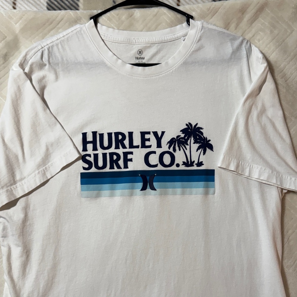 Hurley White Short-Sleeve Tee with Navy and Blue Surf Graphic